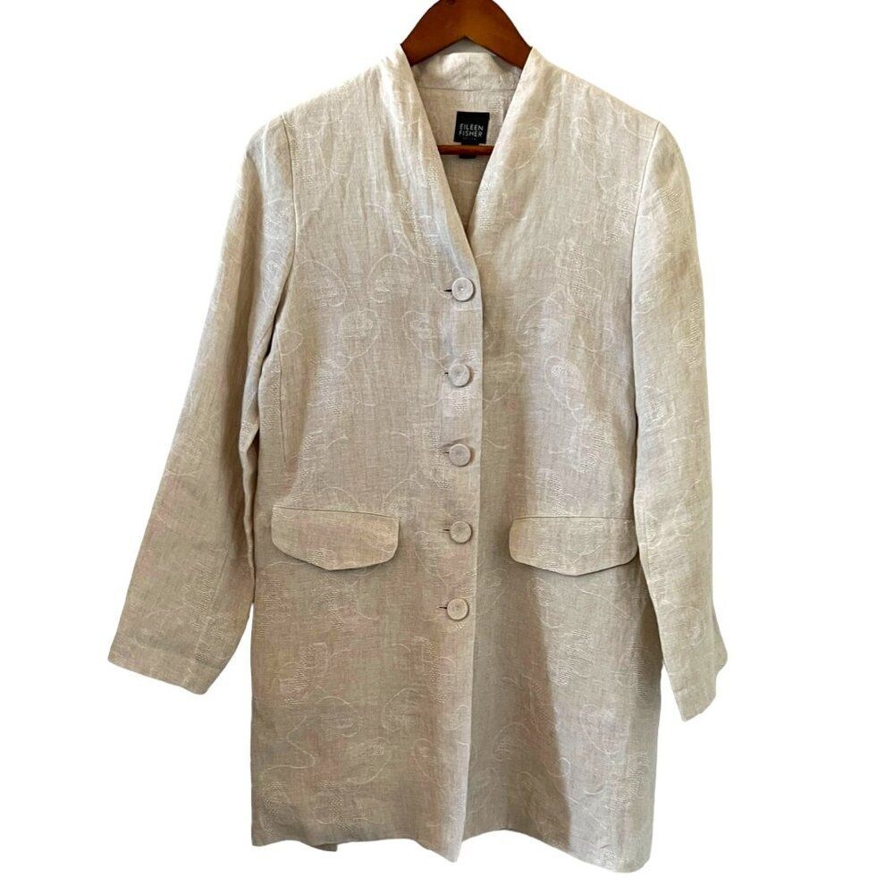 Eileen Fisher Linen Button Front Long Jacket In Tan Size SP